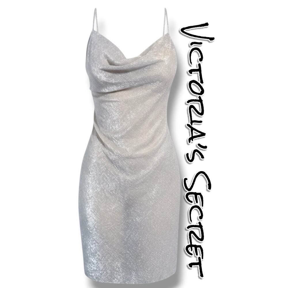 Victoria’s Secret Silver Metallic Cowl Neck Mini Slip Dress S Sheer Disco
